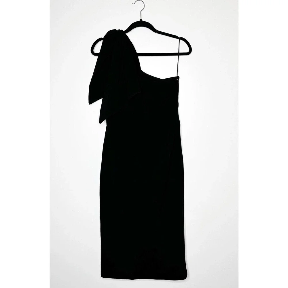 NEW Dress the Population Tiffany Midi Dress One Shoulder Bow Women Black L - Picture 3 of 7